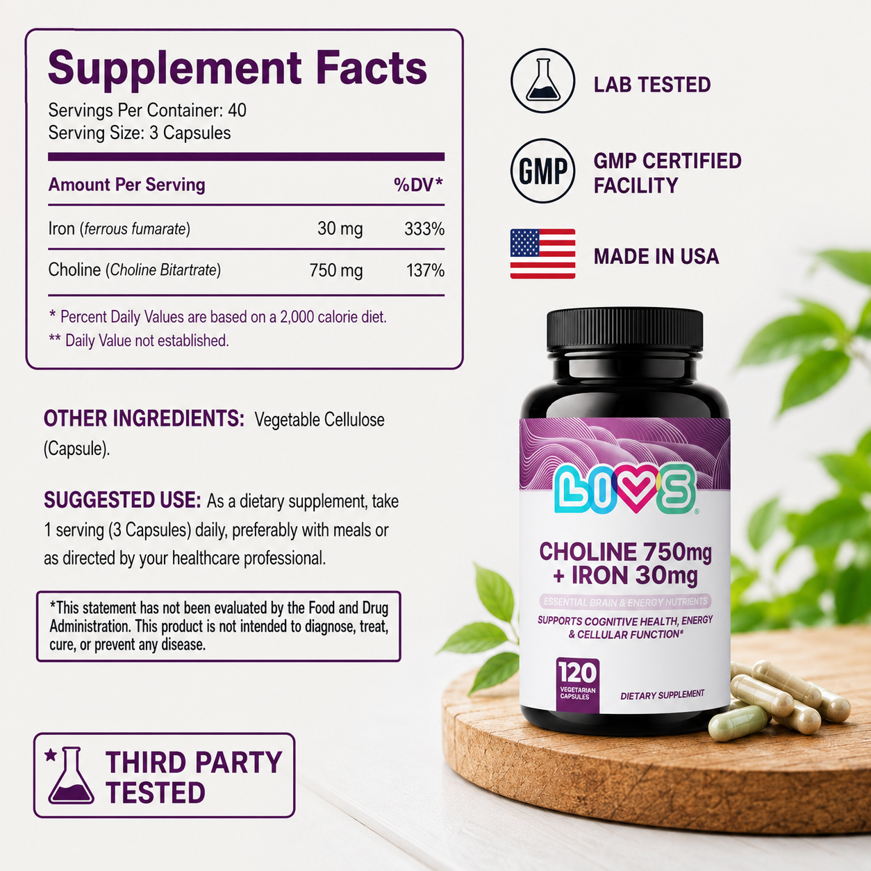 Supplement Facts Choline 750mg + Iron 30mg
