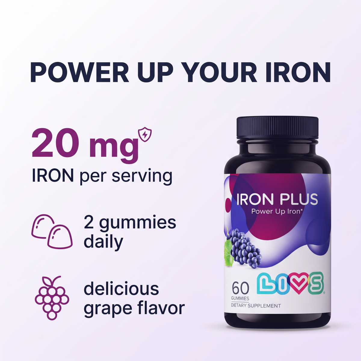 LIVS Iron Plus 60 gummies, 20mg iron per serving, 2 gummies daily, grape flavor